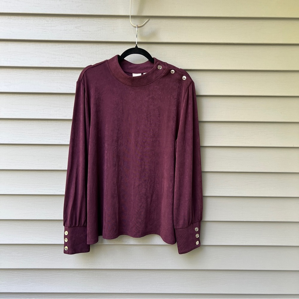 Chico's Long Sleeve Blouse Plum Size 3 XL Button Cuff Elegant Top Ribbed